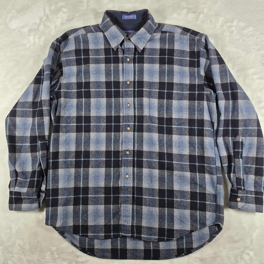 Pendleton Flannel Button Up Lodge Shirt Men's Large Blue Plaid Virgin Wool